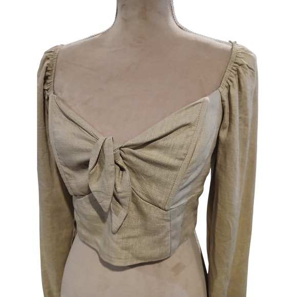 Altar'd State Tan Linen Blend Tie Front Puff Sleeve Crop Top Womans Medium - Picture 2 of 12